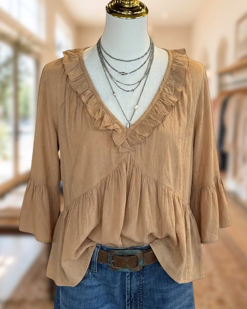 Ruffle Trim V Neck Flare Sleeve Gathered Relaxed Blouse