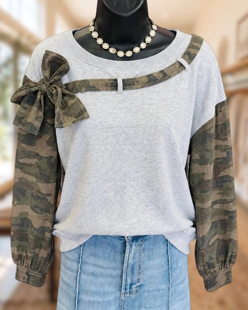 Camo Contrast Bow Decor Crew Neck Loose Sweatshirt