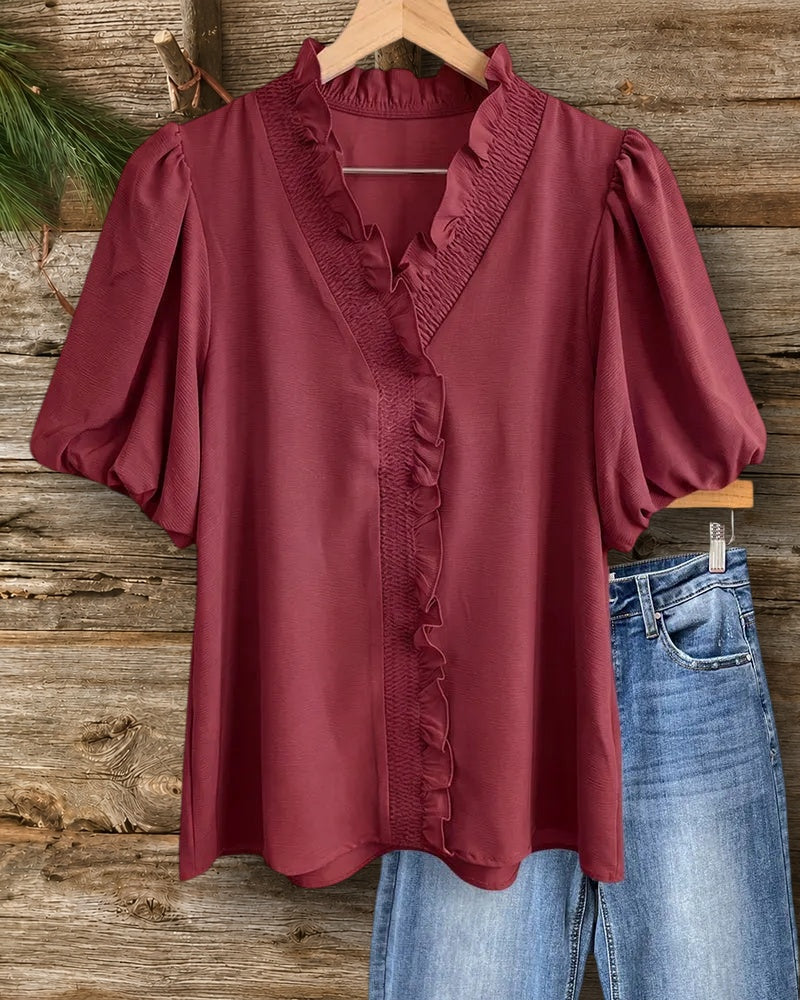 Smocked Ruffle Trim V Neck Puff Sleeve Elegant Blouse