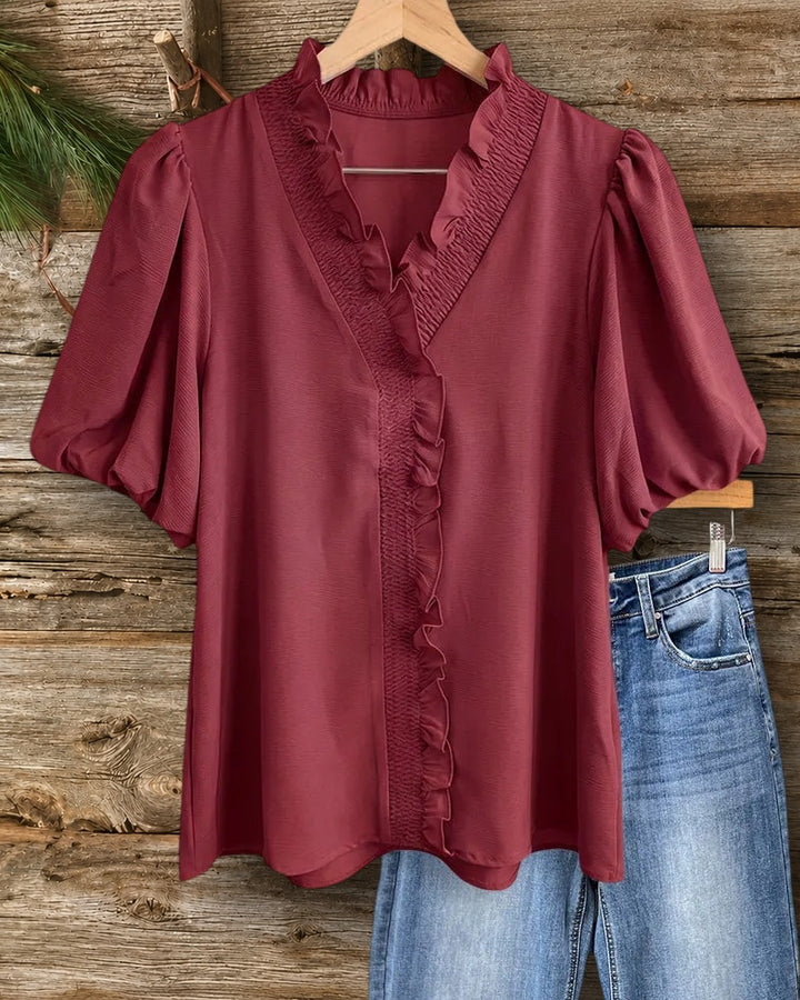 Smocked Ruffle Trim V Neck Puff Sleeve Elegant Blouse