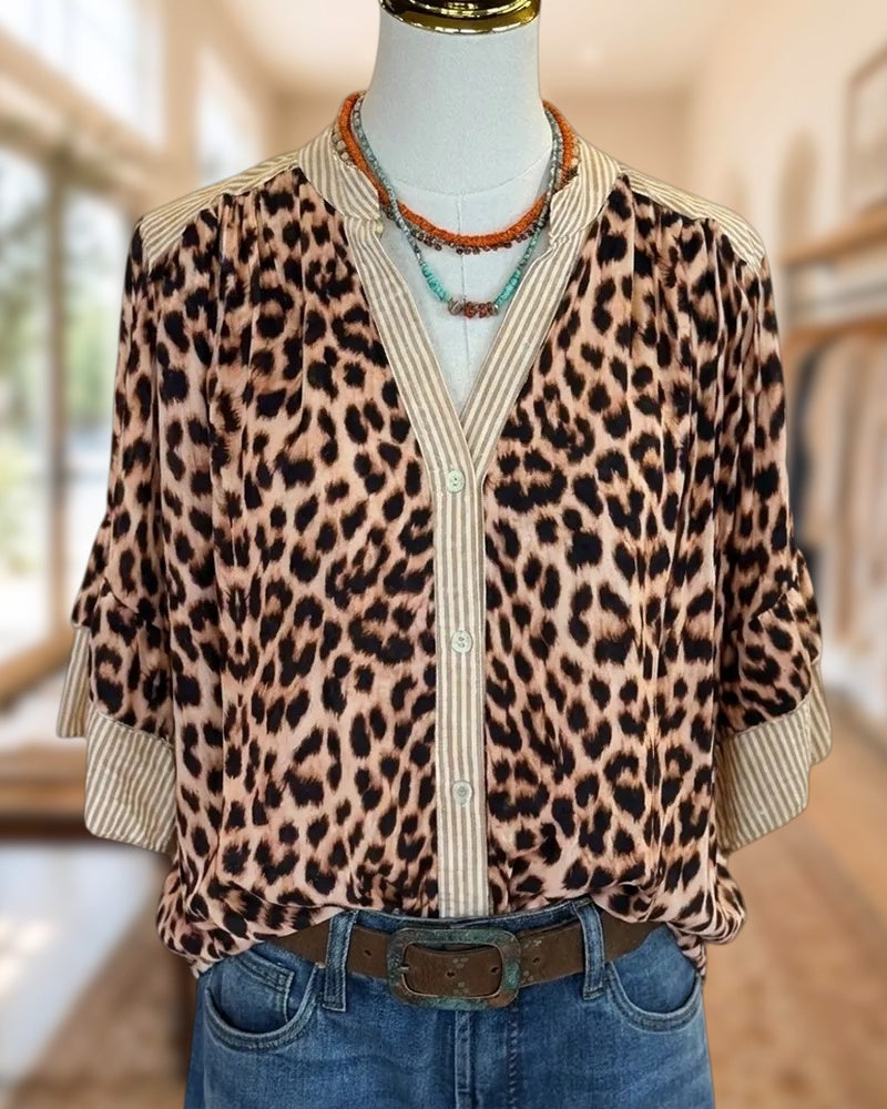 Leopard Print Ruffle Sleeve V Neck Button Front Blouse