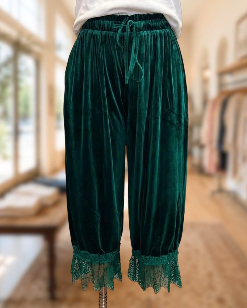 Velvet Drawstring Waist Lace Trim Elegant Harem Pants