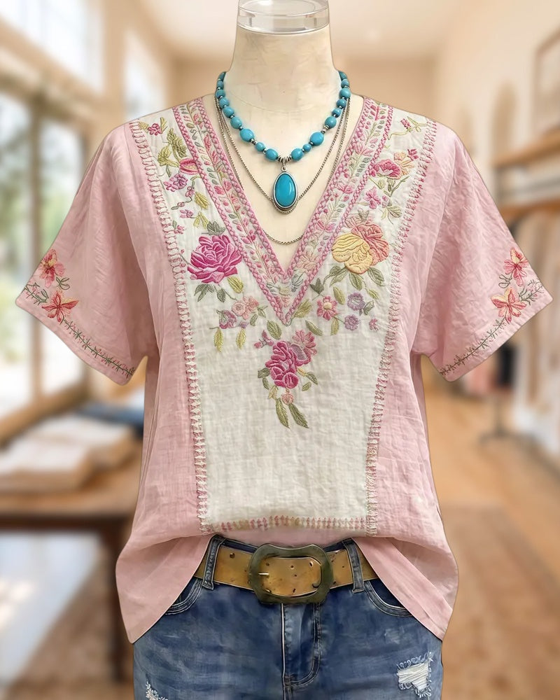 Floral Embroidery Bohemia V Neck Blouse