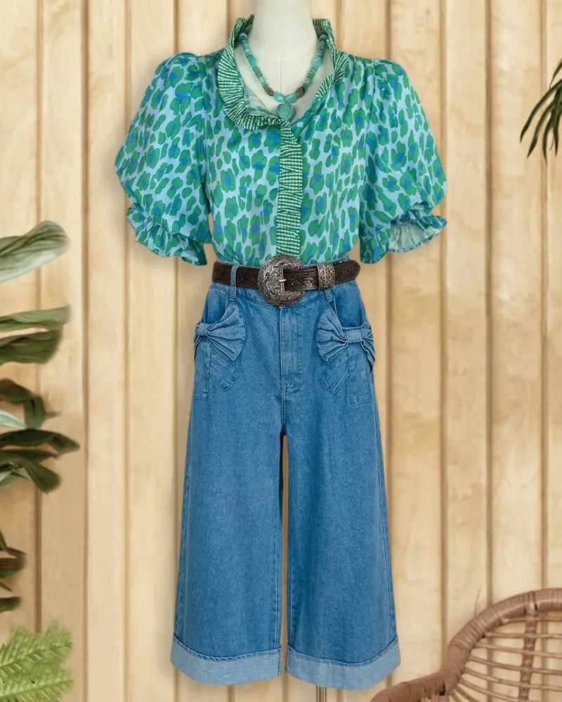 Bow Accent Rolled Cuff Wide Leg Jeans
