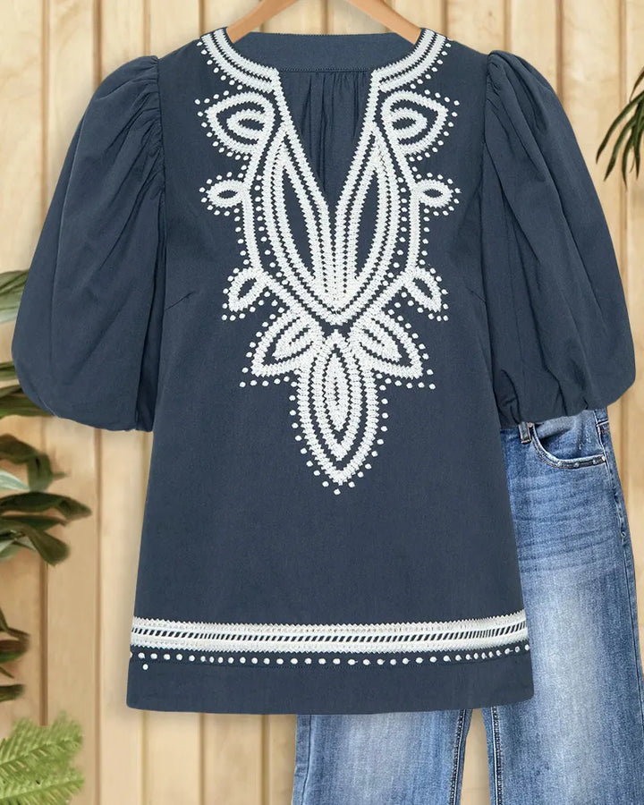 Tribal Embroidery Retro V Neck Puff Sleeve Blouse