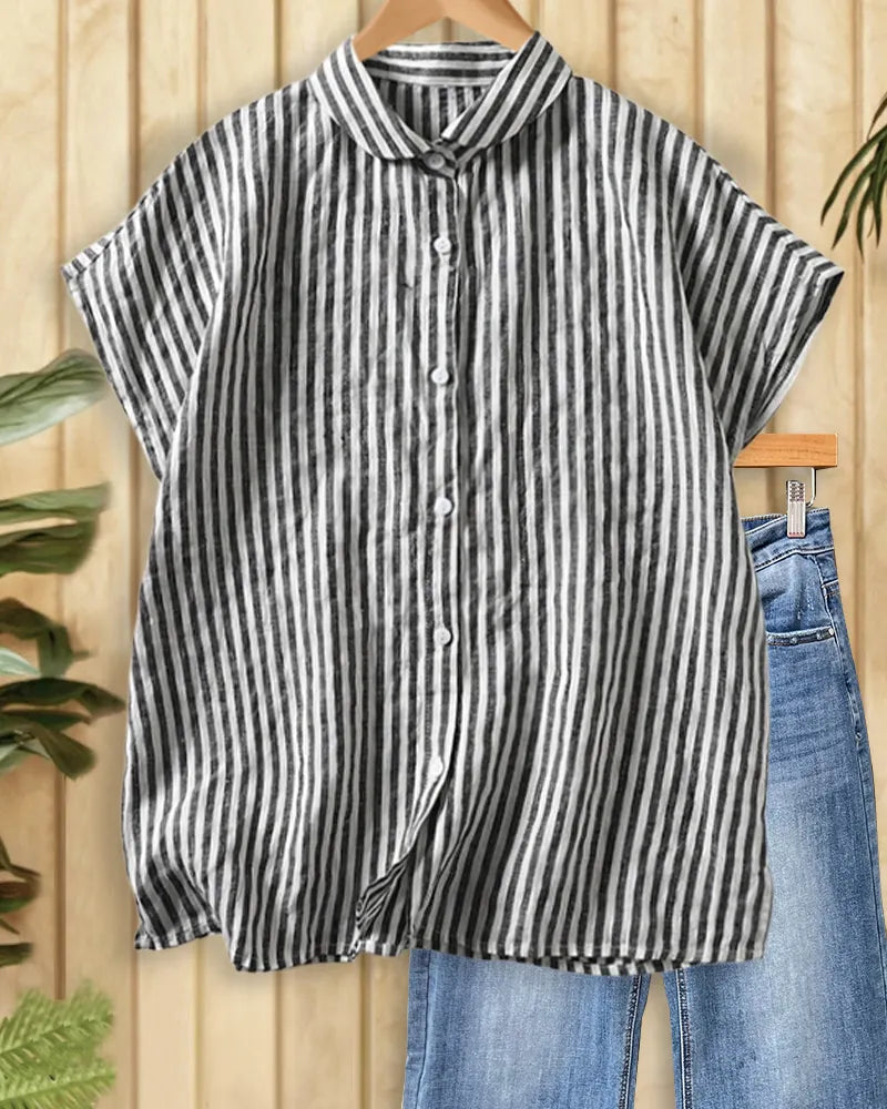 Striped Button Front Peter Pan Collar Short Sleeve Loose Casual Shirt