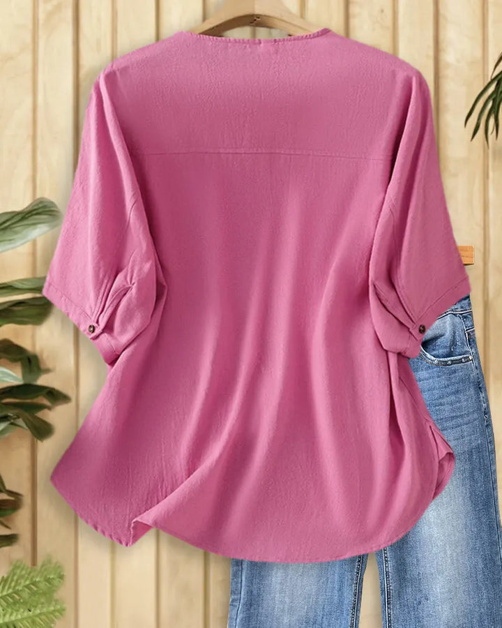 Solid Color Button Front Relaxed O Neck Blouse