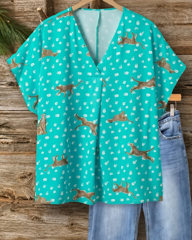 Leopard & Floral Mixed Print Cozy V Neck T-Shirt
