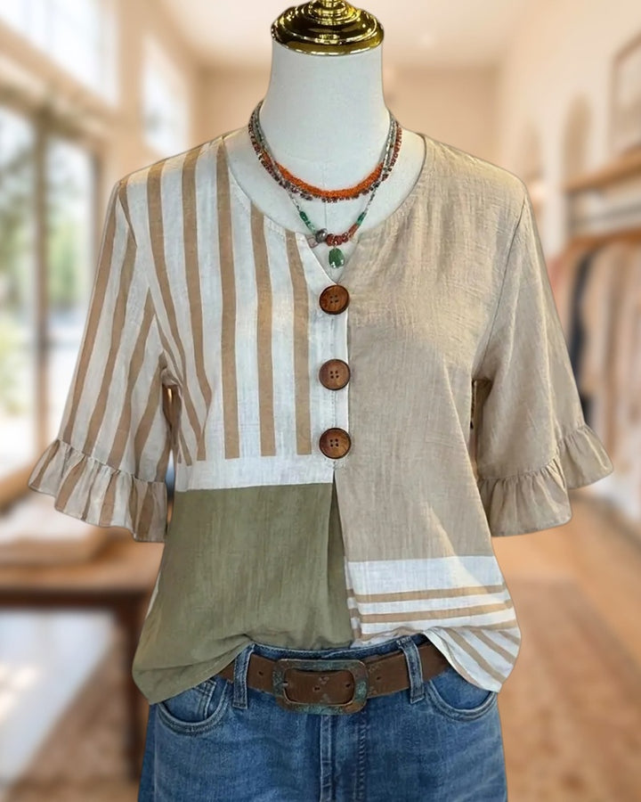 Embroidered Ruffle Sleeve V Neck Button Front Casual Blouse