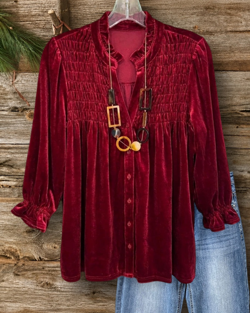 Velvet Smocked Solid Color Button Front Elegant Blouse