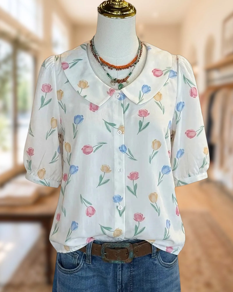 Peter Pan Collar Puff Sleeve Floral Button Front Blouse