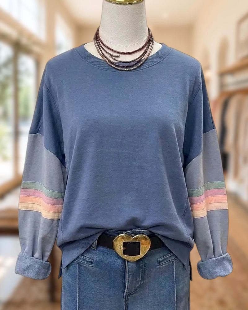 Contrast Panel Sleeve Striped Detail Crew Neck Casual Sweatshirt