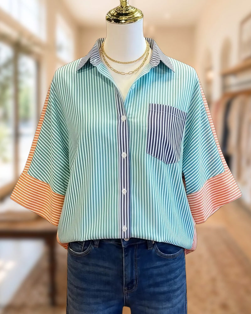 Color Block Striped Relaxed Button Up Shirt