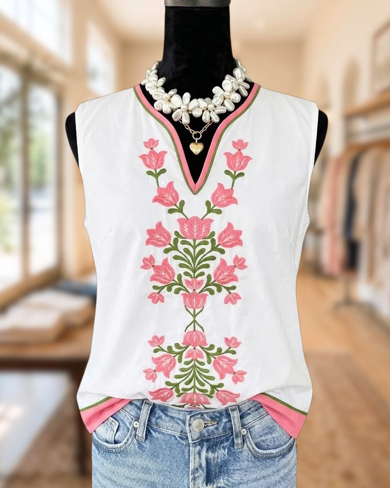V Neck Floral Embroidered Contrast Trim Sleeveless Casual Top