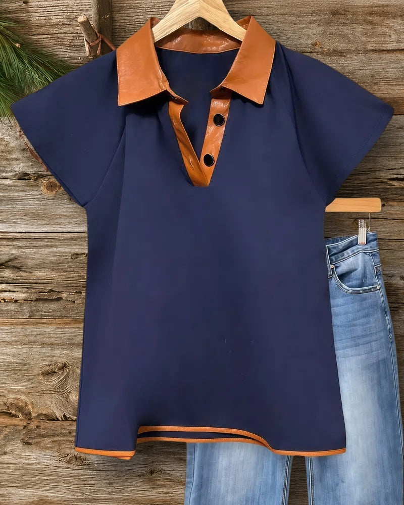 Patchwork Hit Color Cozy Shirt Collar T-Shirt