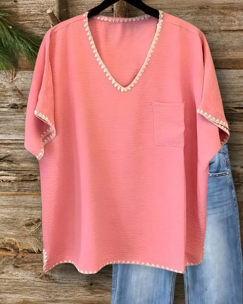 Hit Color Shell Stitch Trim Retro V Neck Shirt
