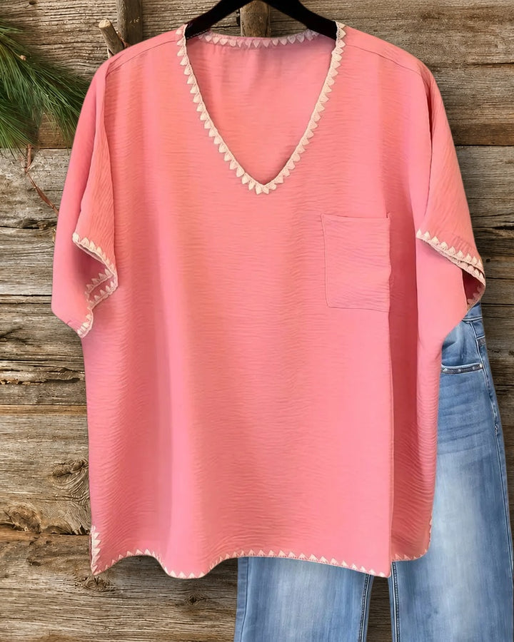 Hit Color Shell Stitch Trim Retro V Neck Shirt