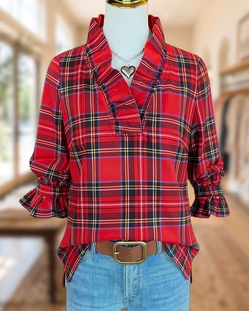 Red Plaid Feminine Ruffled V Neck Blouse