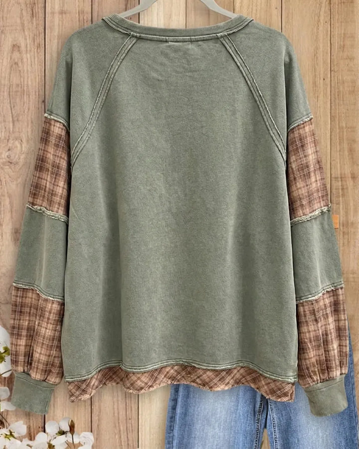 Plaid Patchwork Star Applique Raw Edge Long Sleeve Sweatshirt
