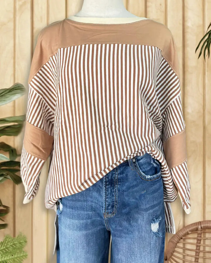Striped Patchwork Sporty Round Neck Blouse