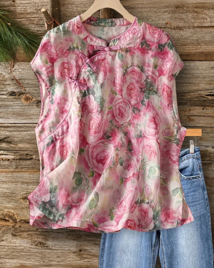 Mandarin Collar Frog Button Loose Printed Cap Sleeve Blouse