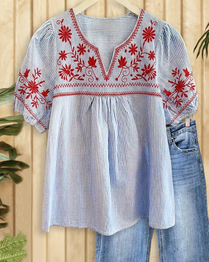 Striped Floral Embroidered V Neck Puff Sleeve Blouse