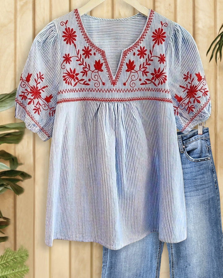 Striped Floral Embroidered V Neck Puff Sleeve Blouse