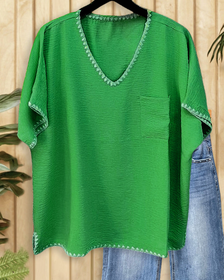 Hit Color Shell Stitch Trim Retro V Neck Shirt
