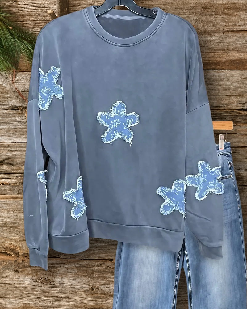 Star Applique Print Casual Round Neck Blouse