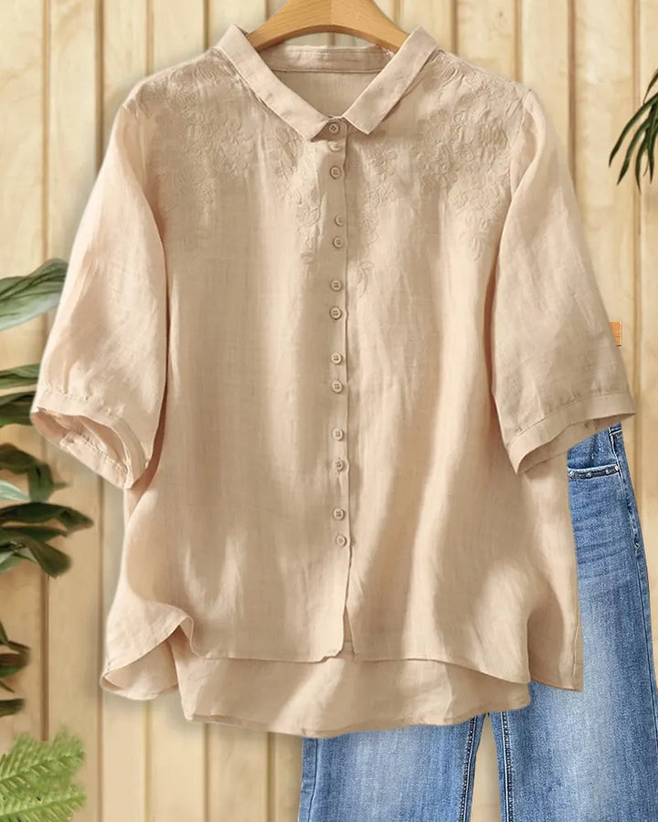 Collared Floral Embroidery Half Sleeve Button Front Loose Shirt