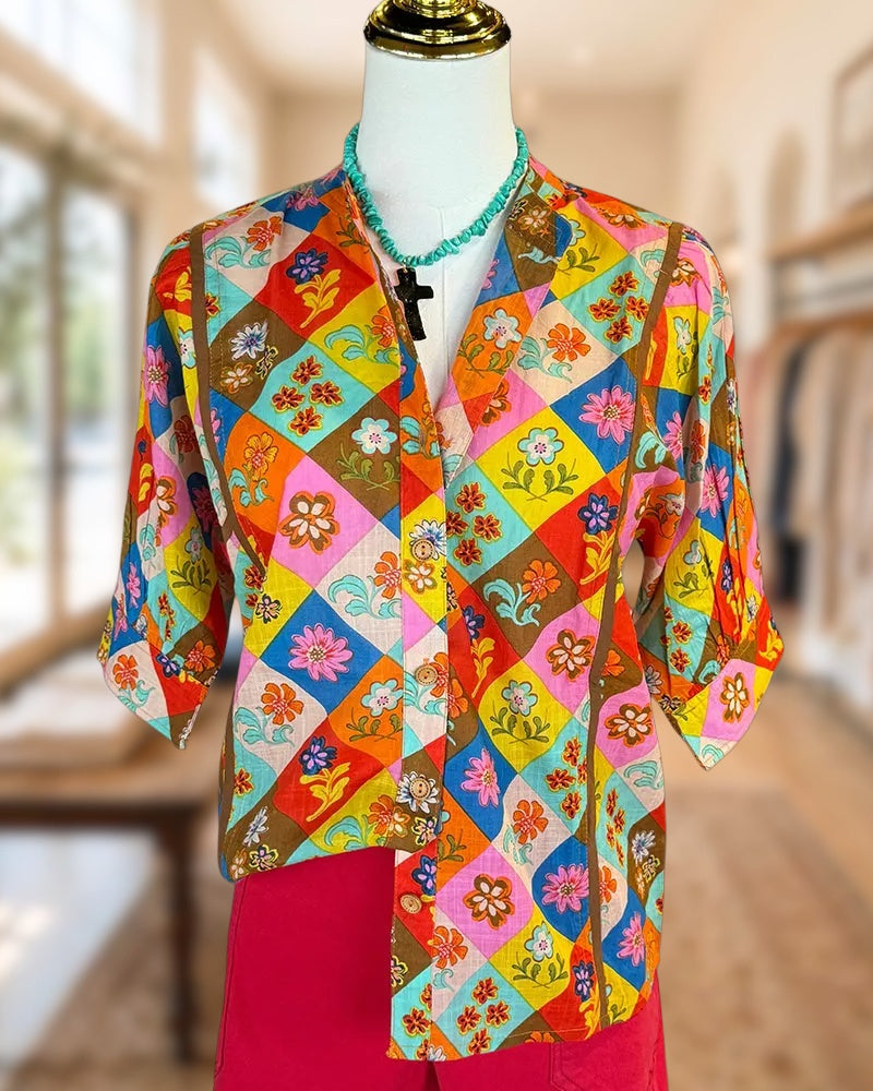 Floral Patchwork Half Sleeve Button Front Contrast Trim Blouse