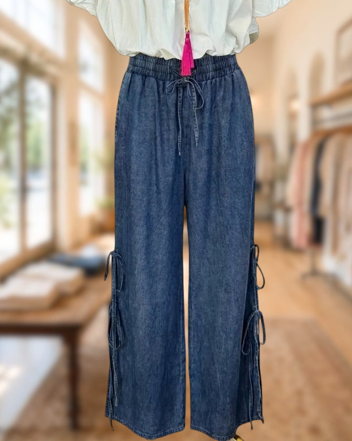 Drawstring Waist Side Tie Slit Casual Wide Leg Pants