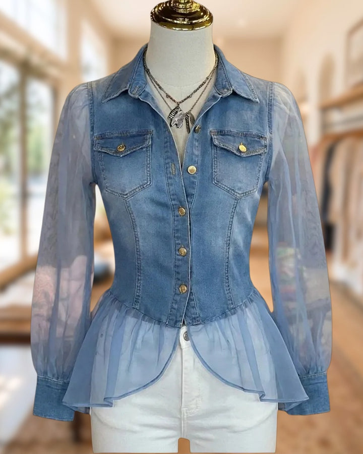 Sheer Long Sleeve Button Front Peplum Pocket Detail Collared Top