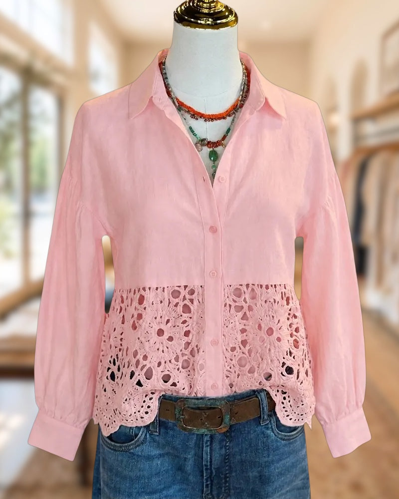 Collared Button Front Crochet Panel Long Sleeve Casual Shirt
