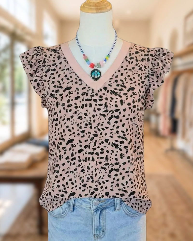 V Neck Ruffle Sleeve Animal Print Daily Casual Blouse