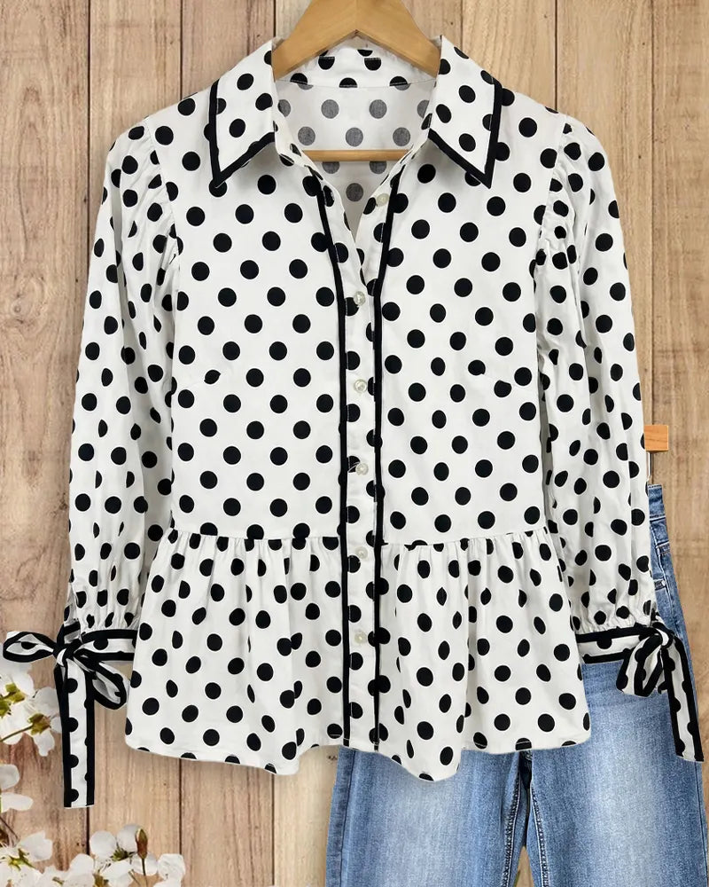 Polka Dot Contrast Trim Tied Sleeve Peplum Chic Blouse