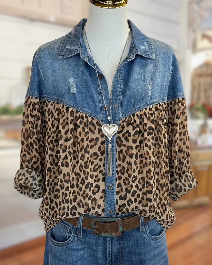 Denim Patchwork Distressed Ruched Button Up Long Sleeve Shirt