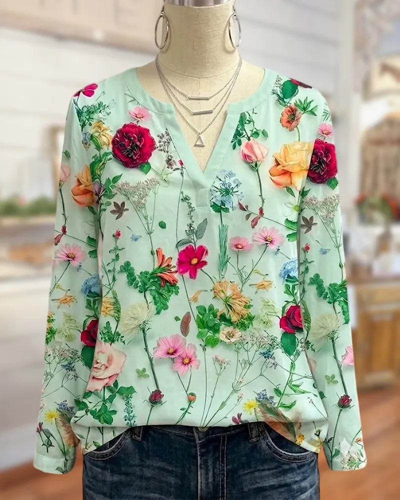 Floral Print Notch V Neck Long Sleeve Casual Blouse