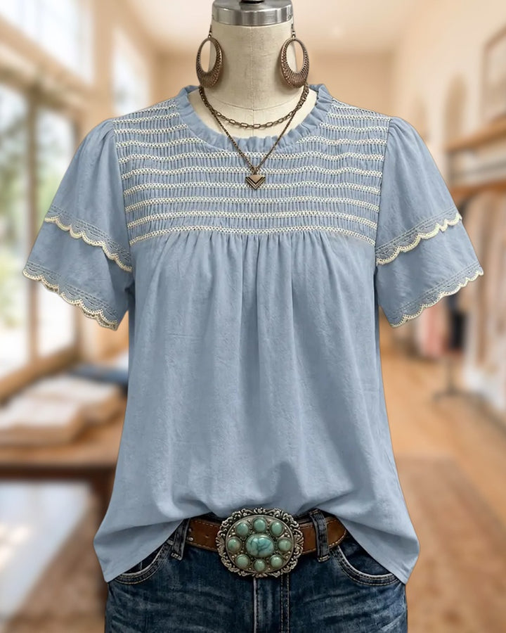 Crew Neck Ruffle Sleeve Blouse