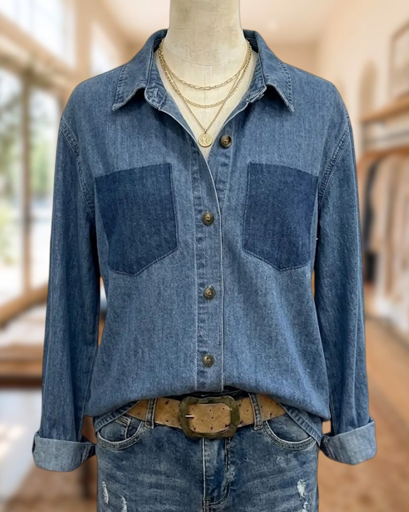 Denim Contrast Long Sleeve Button Front Versatile Shirt