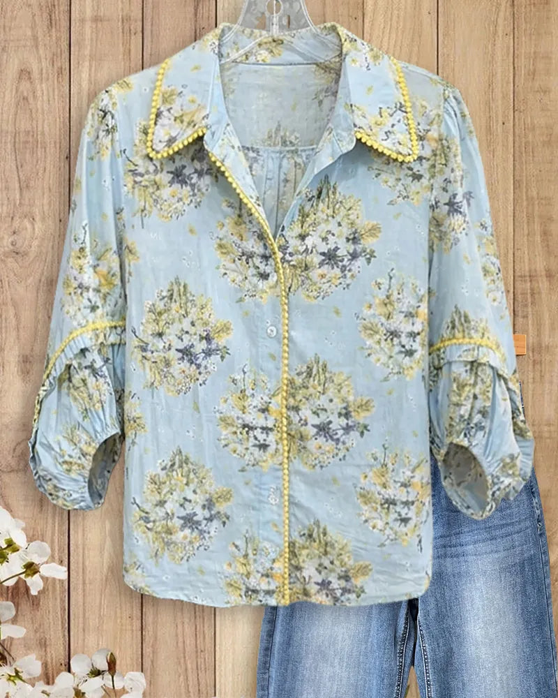 Floral Print Contrast Trim Ruffled Sleeve Collared Blouse