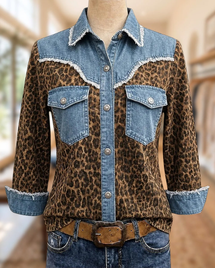 Leopard Contrast Frayed Trim Button Down Flap Pockets Shirt