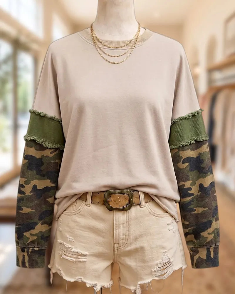 Camouflage Patchwork Frayed Trim Crew Neck Long Sleeve Sweatshirt