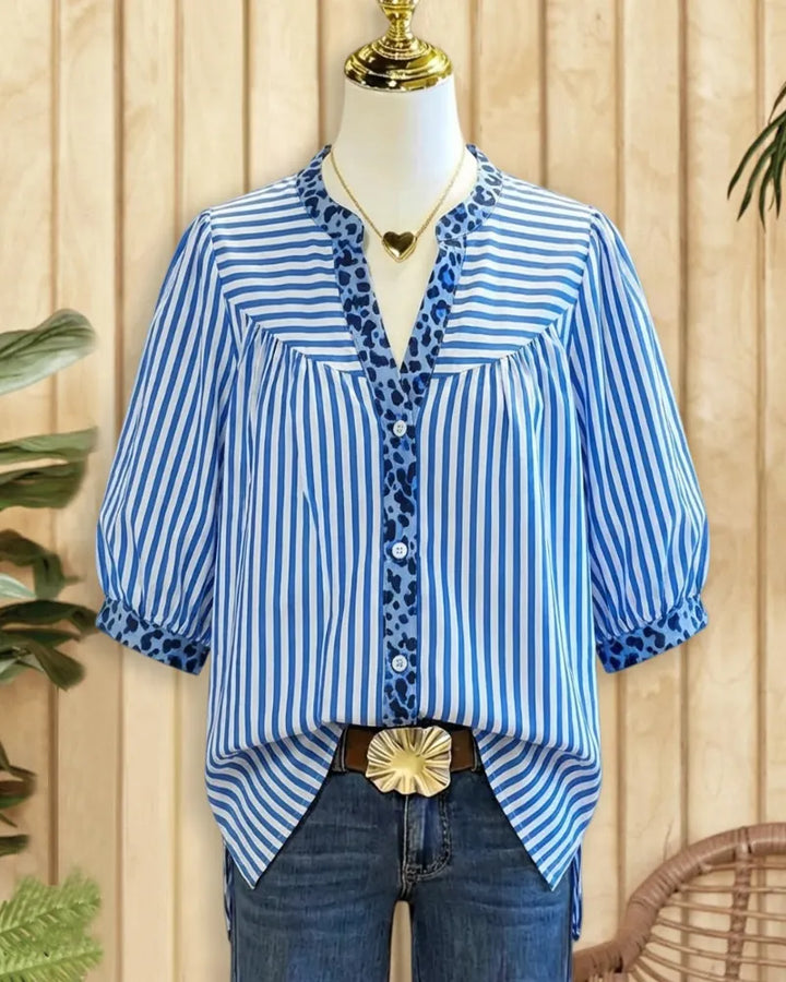 Leopard Trim Striped Commuting Button Up Blouse