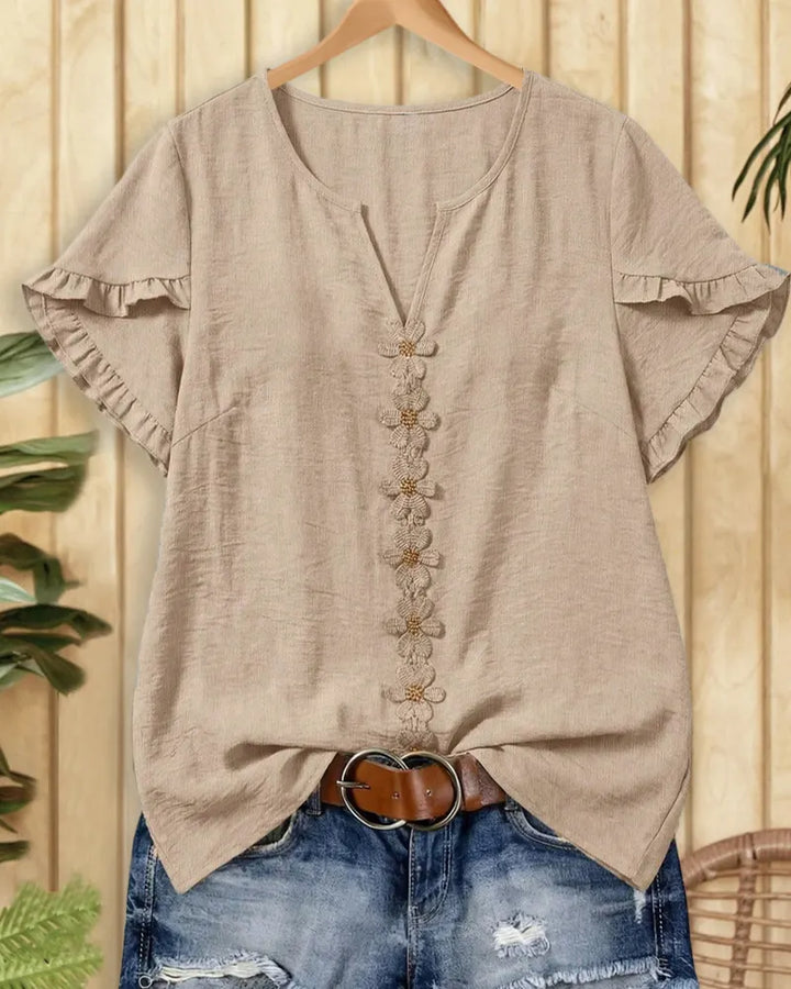 Ruffle Sleeve Floral Applique V Neck Loose Casual Blouse