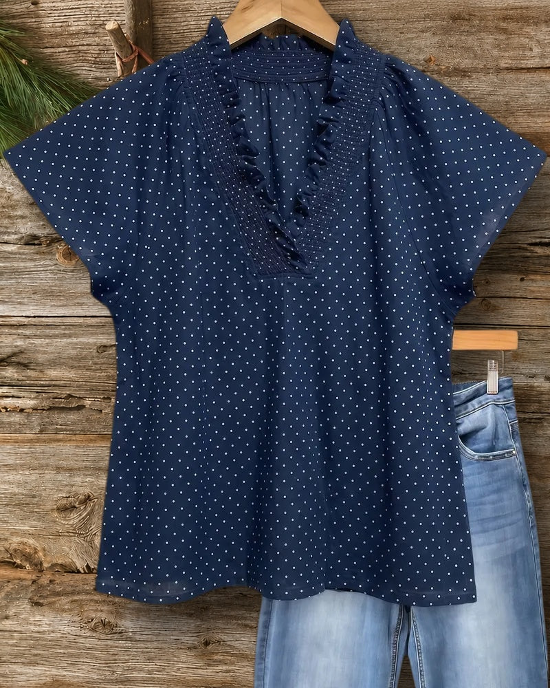 Polka Dot Ruffled V Neck Flutter Sleeve Classic Blouse