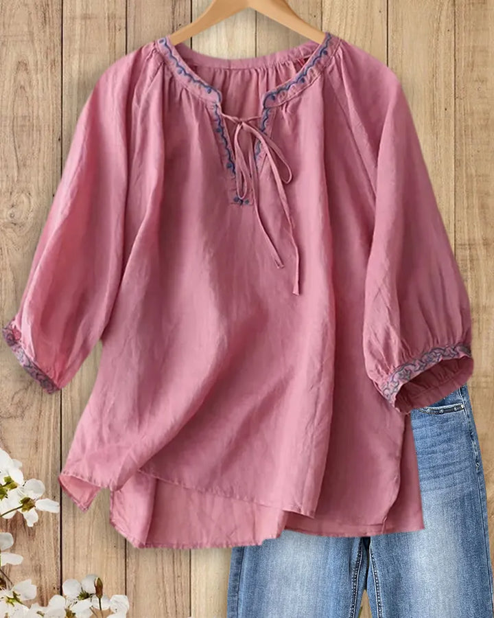 Embroidered Tie Neck 3/4 Sleeve High Low Hem Loose Blouse