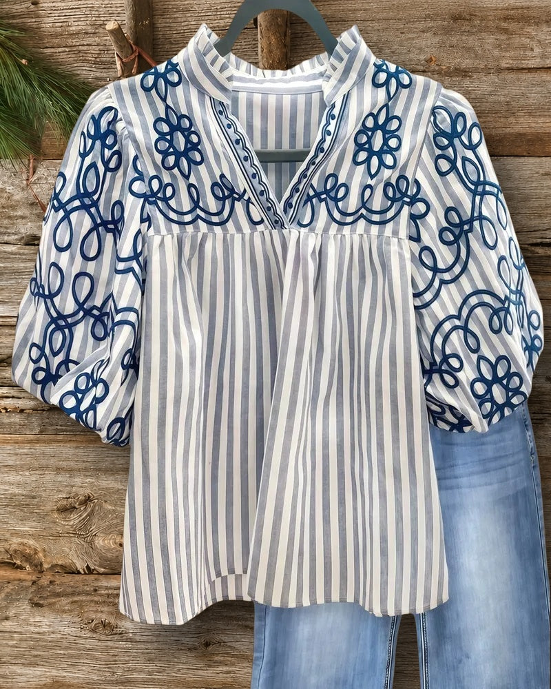 Floral Embroidery & Striped Puff Sleeve Smart Blouse