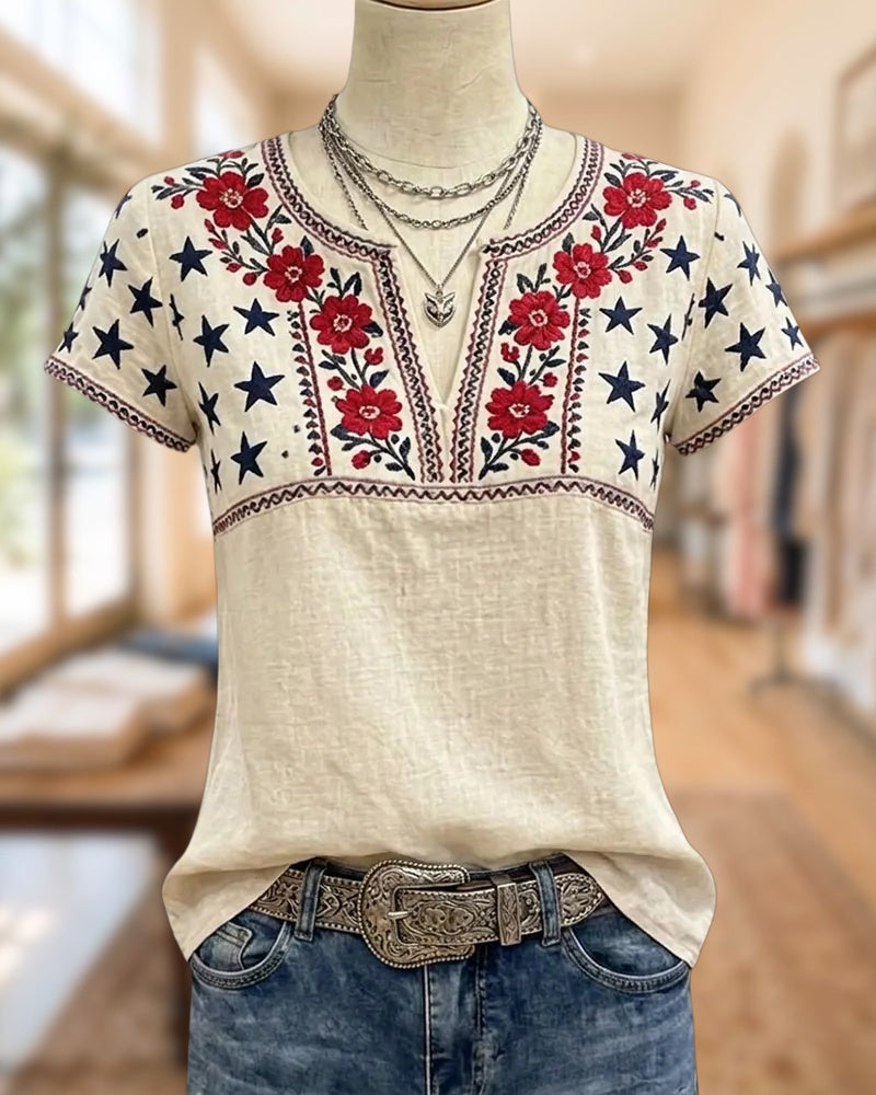 Star Floral Print Notch Neck Short Sleeve Casual Blouse
