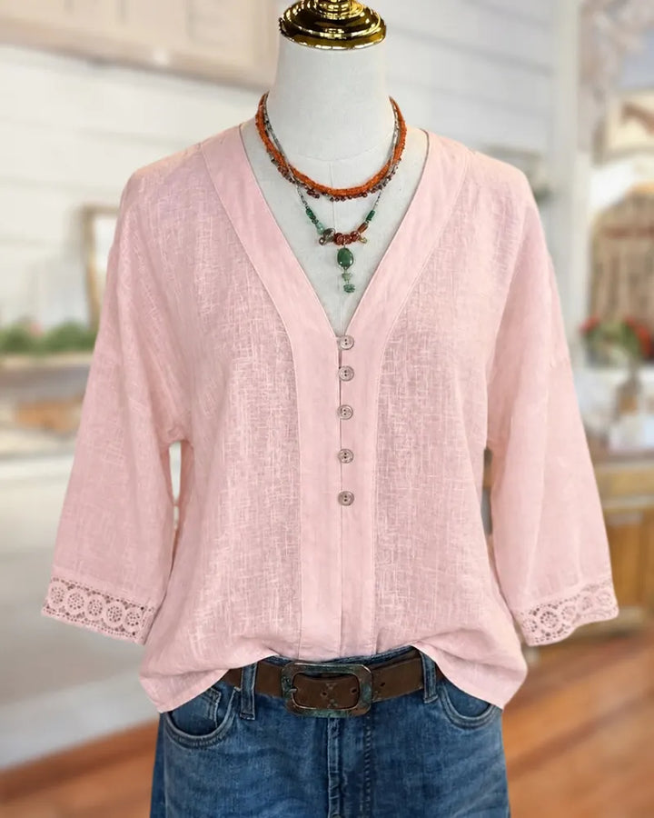 V Neck Button Front Lace Trim 3/4 Sleeve Blouse